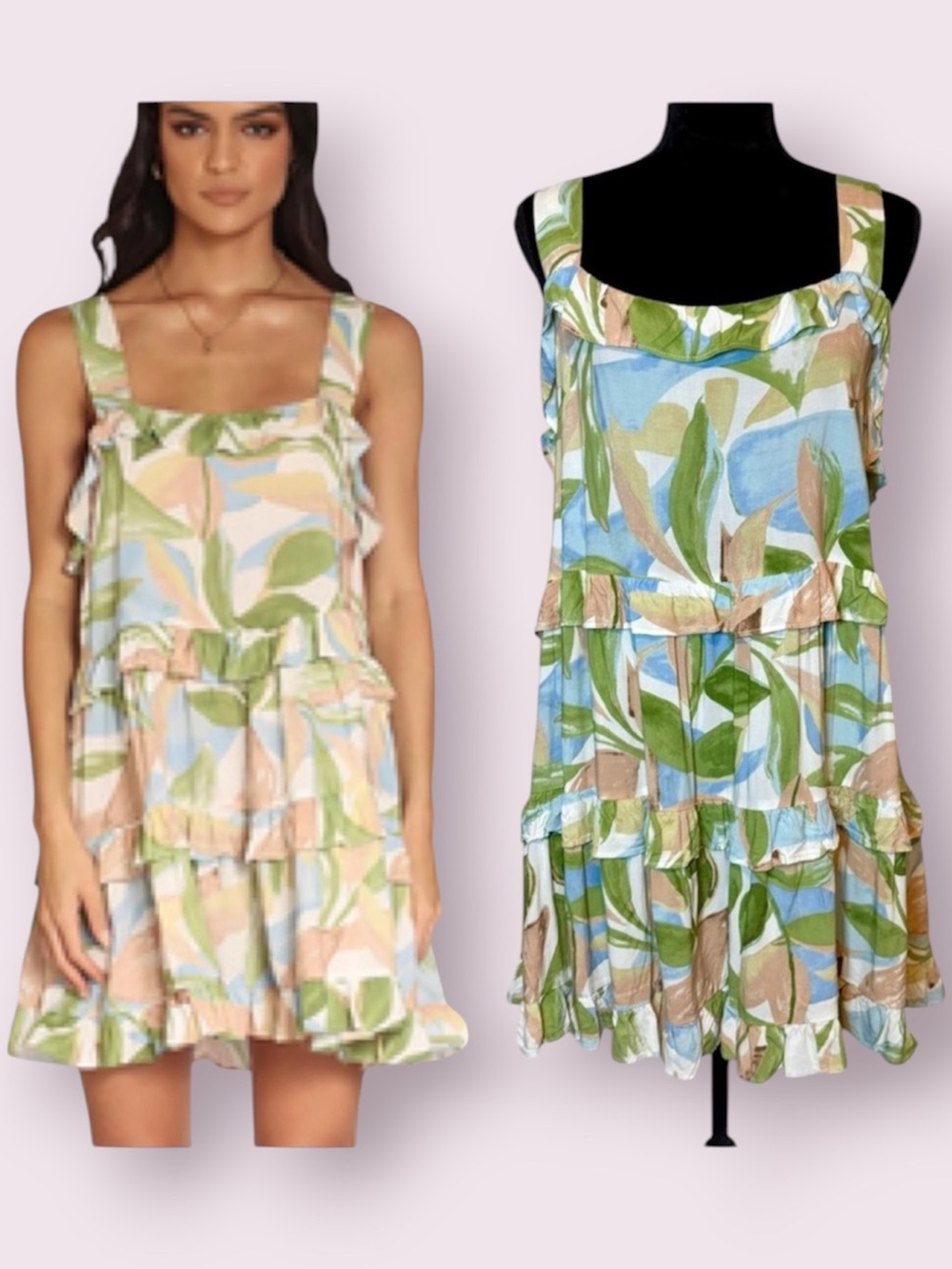 Girl And The Sun Ruffle Sun Dress Watercolor Leaf Print White Green Tan Size XL
